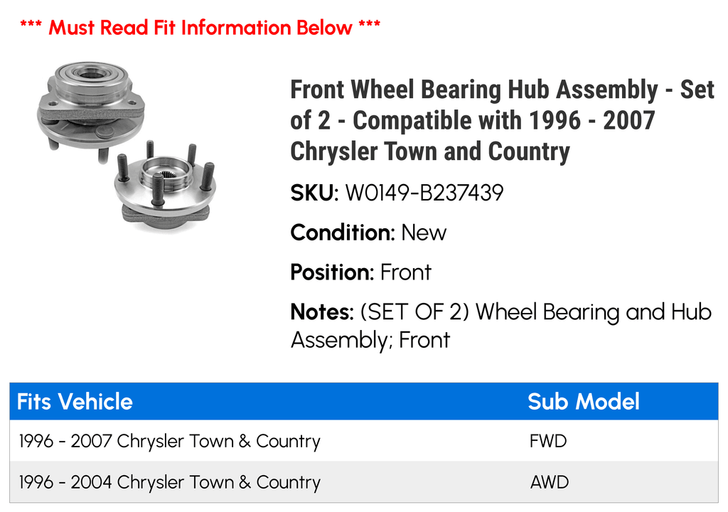Front Wheel Bearing Hub Assembly - Set of 2 - Compatible with 1996 - 2007 Chrysler Town and Country 1997 1998 1999 2000 2001 2002 2003 2004 2005 2006