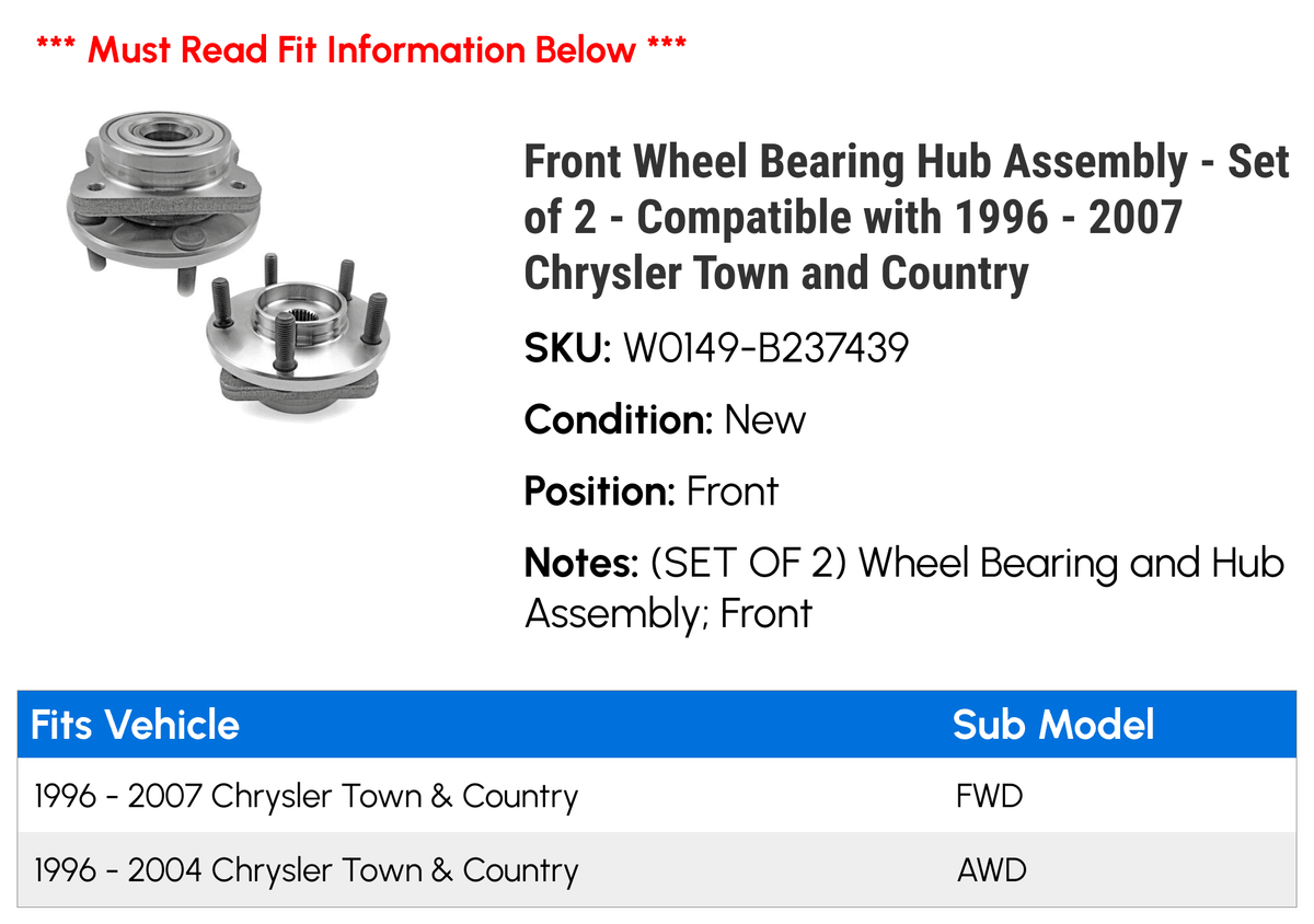 Front Wheel Bearing Hub Assembly - Set of 2 - Compatible with 1996 - 2007 Chrysler Town and Country 1997 1998 1999 2000 2001 2002 2003 2004 2005 2006