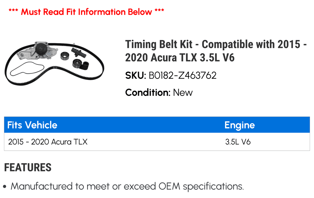 Timing Belt Kit - Compatible with 2015 - 2020 Acura  3.5L V6 2016 2017 2018 2019