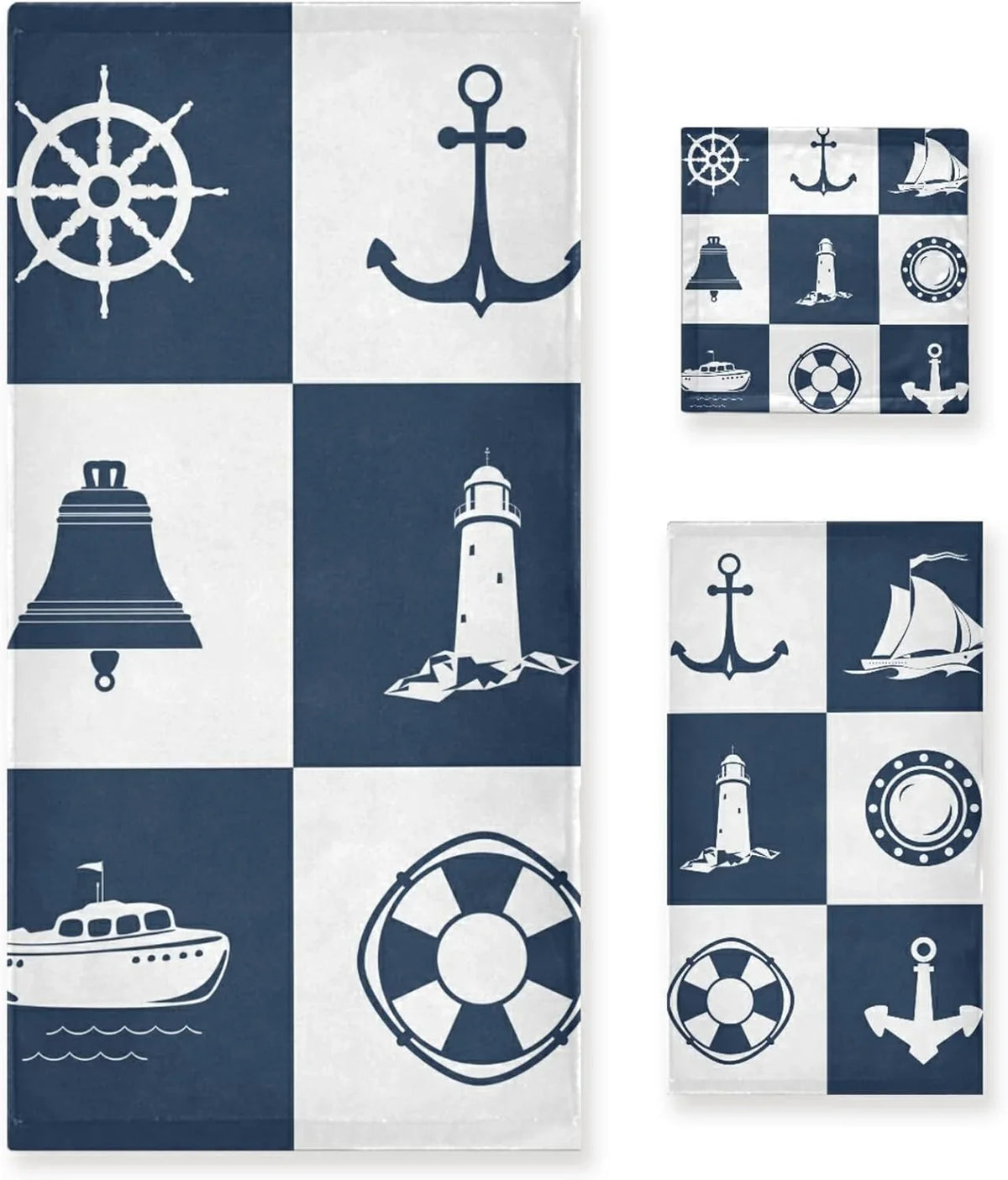 Bath Towel Sets for Bathroom Hand Towels Fingertip Towels Sailing Vessel Anchor Lighthouse Checked 3 Piece Decorative Soft Cotton Absorbent