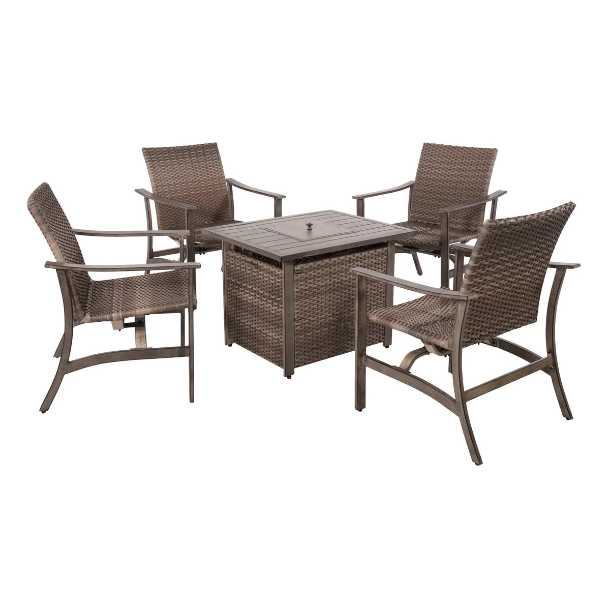 5 Piece Patio Furniture Set with Fire Pit Table, 4 Wicker Rocking Motion Chairs & 33.8"x27.2" 15000  Propane Gas Firepit Table, All-Weather Outdoor Conversation Set for Yard Garden Deck