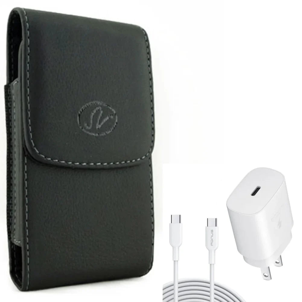 6ft -C Cable  Type-C 25W Fast Home Charger w Holster Leather Case Belt Clip for  Axon 10 Pro, Blade Max 2S