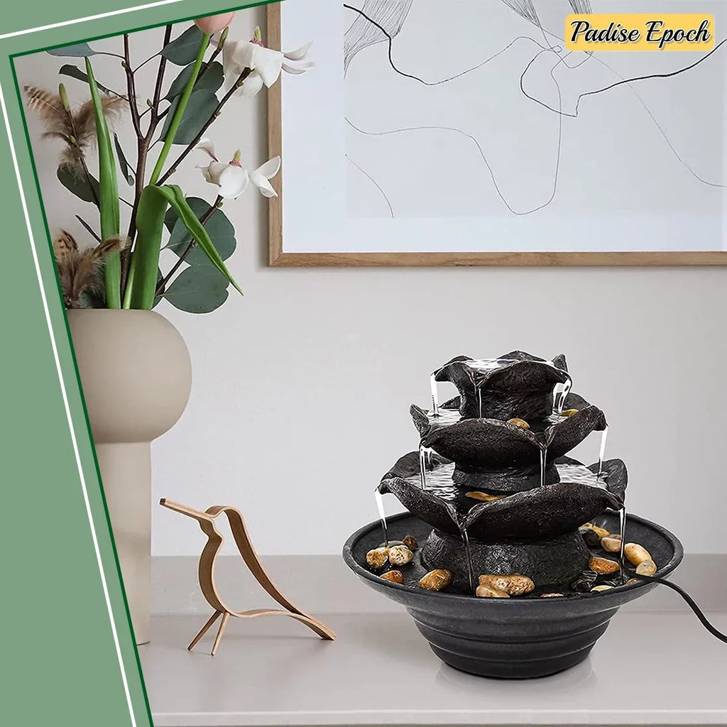 3 Tier Indoor Water Fountain with  Lights Tabletop Fountain, Relaxation Tabletop Fountain, Mini Desktop Water Fountain for Living Room Bedroom (Includes Natural River Rocks)