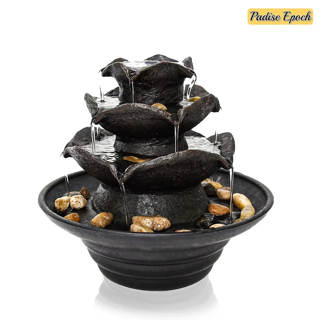 3 Tier Indoor Water Fountain with  Lights Tabletop Fountain, Relaxation Tabletop Fountain, Mini Desktop Water Fountain for Living Room Bedroom (Includes Natural River Rocks)