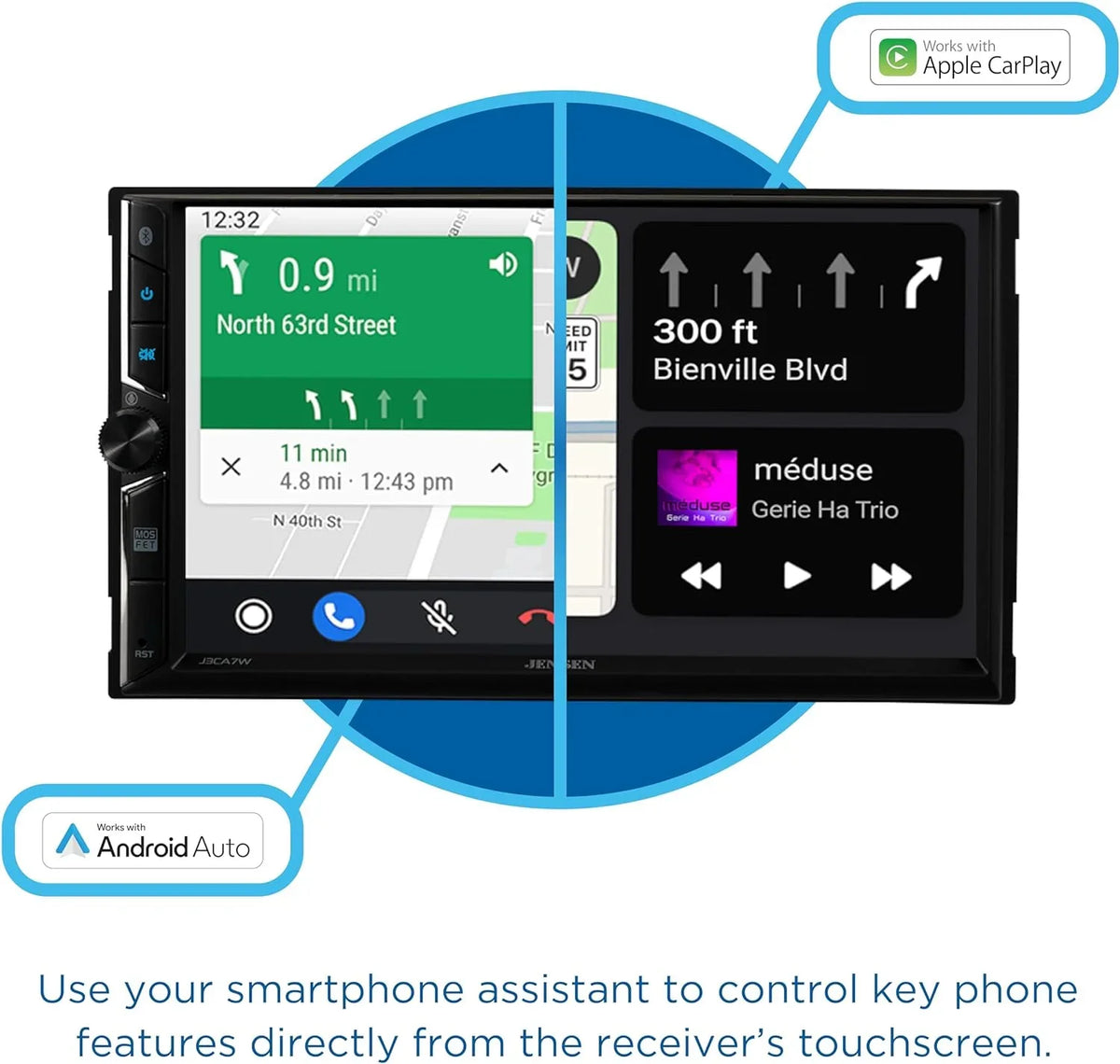 Jensen J3CA7W 7-inch Certified Apple CarPlay Android Auto, Wired or Wireless, Double  Car Stereo Radio, New