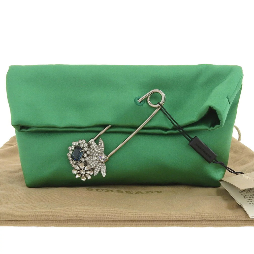 Pre-Owned Burberry  pin clutch bag viscose silk rhinestone bijou green (Like New)