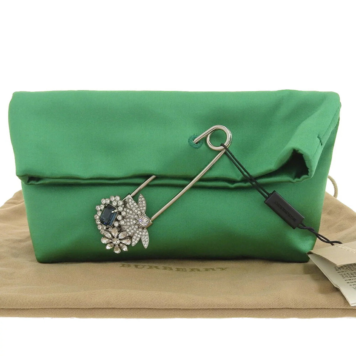 Pre-Owned Burberry  pin clutch bag viscose silk rhinestone bijou green (Like New)