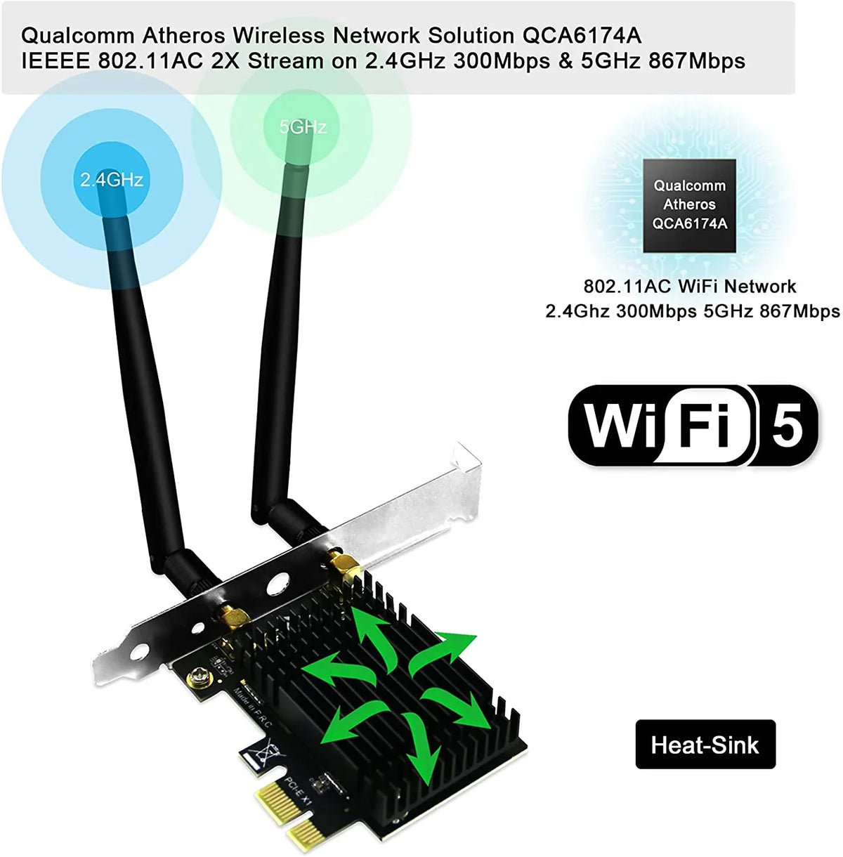 Wireless  Dual Band 1200Mbps 2.4GHz 300Mbps 5GHz 867Mbps  Express WiFi Card for Windows 7 8 8.1 10 Server (32/64bit) Desktop PCs- Beamformee,- and Heatsink Technology