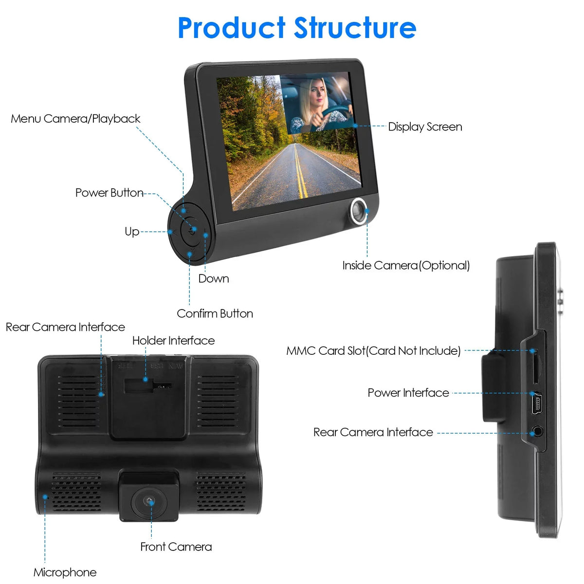 iMounTEK Dash Cam for Cars, 1296P Full  Dash Camera with 4inch  Display, 3 Channel Dash Cam with Night Vision, Driving Recorder