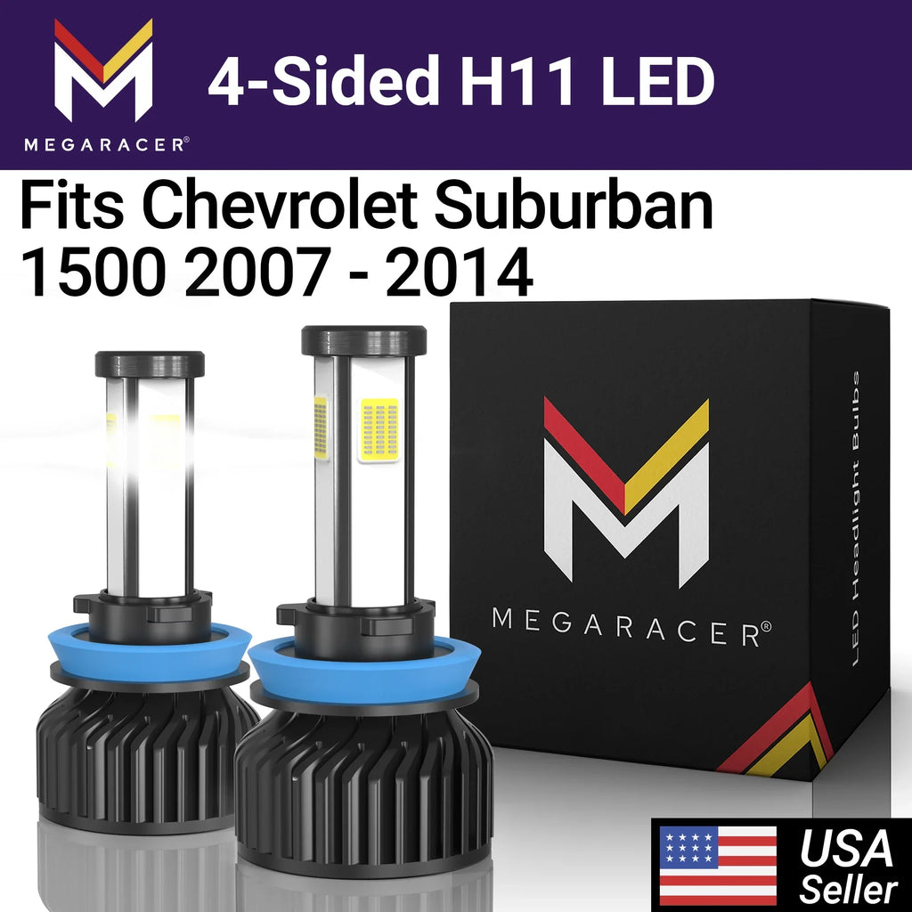 Mega Racer Chevy Chevrolet Suburban 1500 4 Sided H11 H9 H8  Headlights 6000K Diamond White 12V 60W Chevy Chevrolet Suburban 1500 2007 2008 2009 2010 2011 2012 2013 2014 07 - 14 Low Beam Replacement