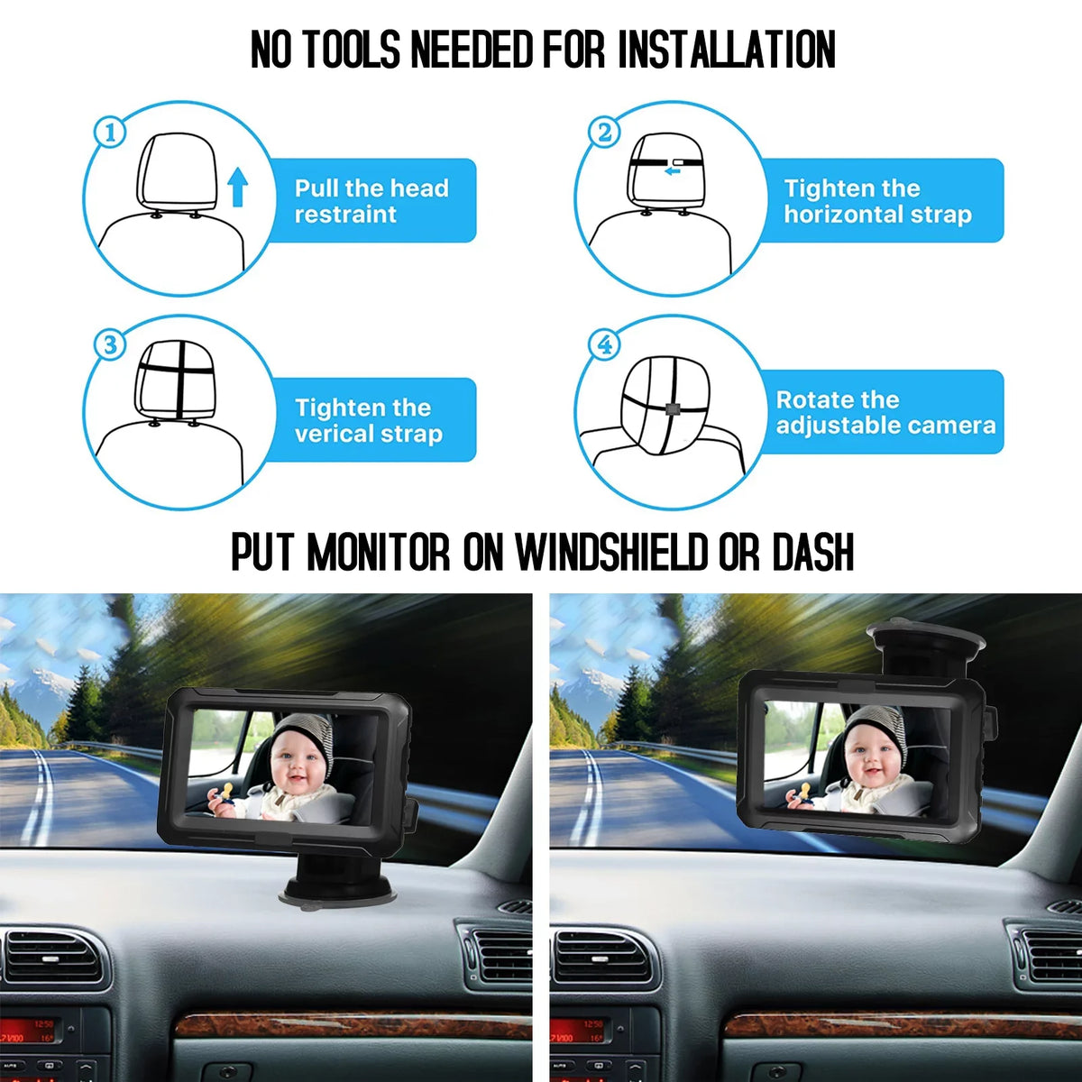 Baby Car Mirror - 1080P Baby Monitor Camera with 4.3’’  Screen, Night Vision, Adjustable Wide View Angle for Infants, Kids, and Pets