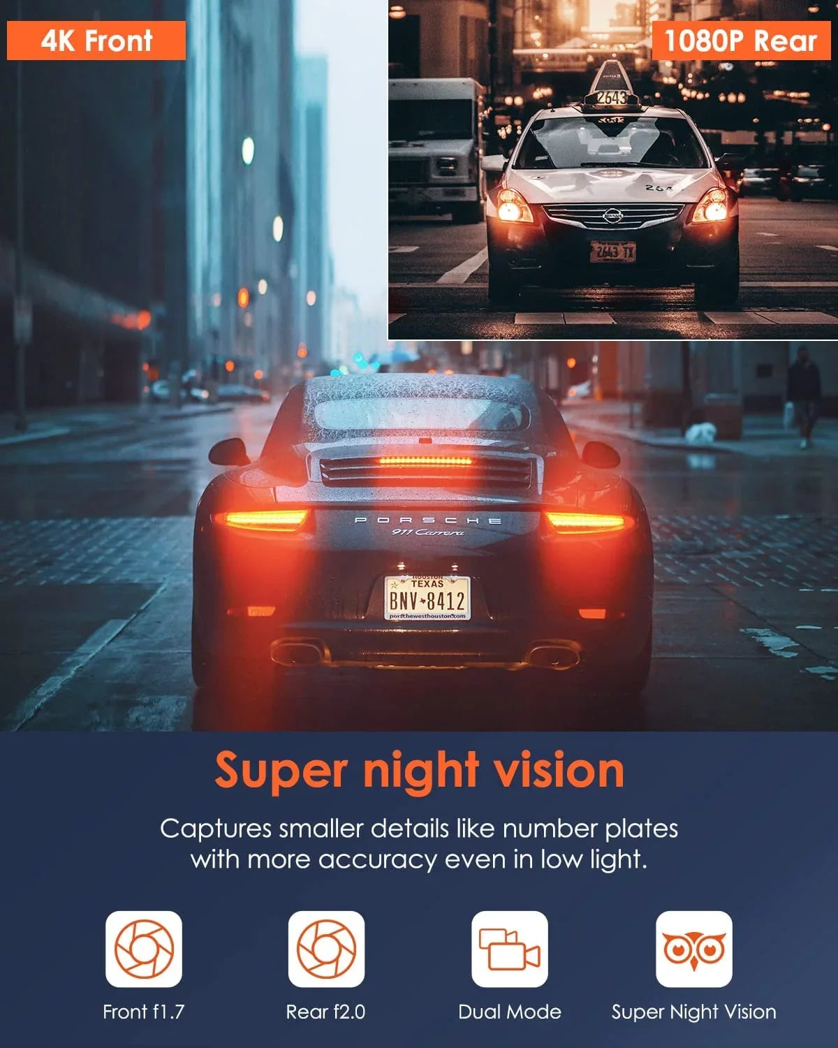 Vantrue  4K +1080P WiFi Dual WiFi Dash Cam Front and Rear with Night Vision, Wireless Car Camera Built in Super Capacitor,  for Backup camera, , 24Hs Parking Mode, G-sensor (X4S Duo)