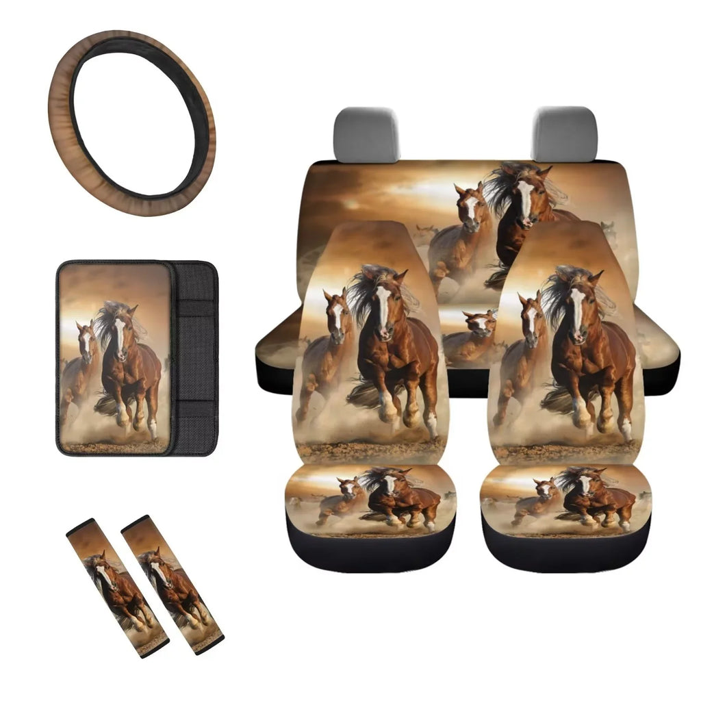 Binienty Car Seat Cover for Carseat  Van Auto Interior Accessories,Center Console Pad,Front Back Seat Protector Cover,Steering Wheel Pad,Armrest Cover,8pcs Running Horse Western Aztec Design