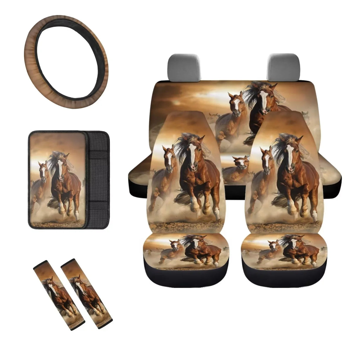 Binienty Car Seat Cover for Carseat  Van Auto Interior Accessories,Center Console Pad,Front Back Seat Protector Cover,Steering Wheel Pad,Armrest Cover,8pcs Running Horse Western Aztec Design