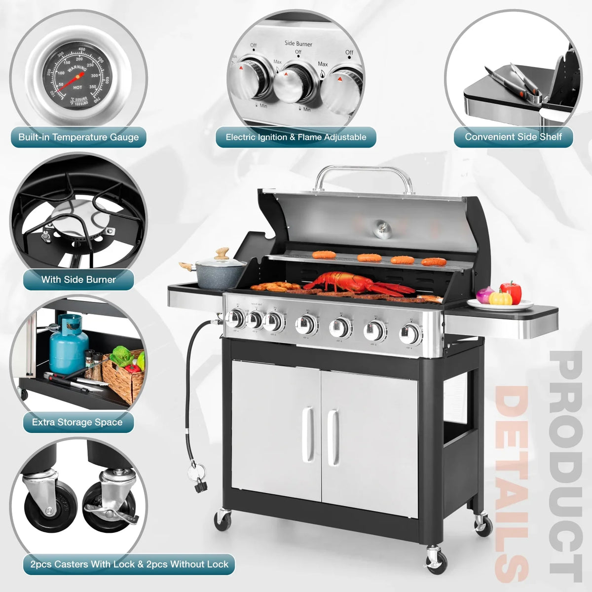 Summit Living 6 Burner Propane Gas Grill with Side Burner Stainless Steel  Grill