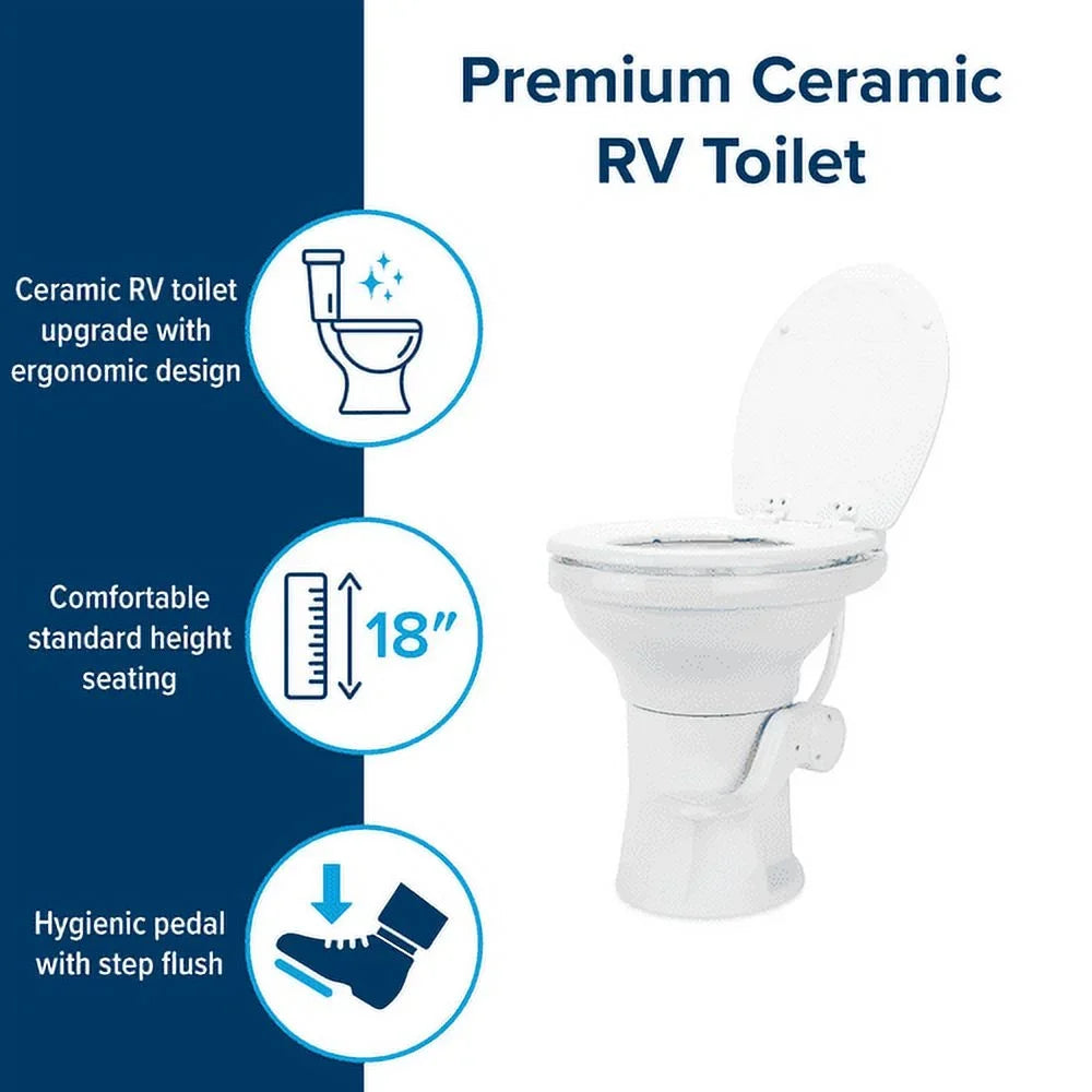 Camco Premium Ceramic Camper/ Toilet | Features a Gravity Flush System with Convenient Foot Pedal & Full-Sized Ergonomic Design with 18-In Chair Height | Includes Soft-Close Wood Seat & Lid (41710)