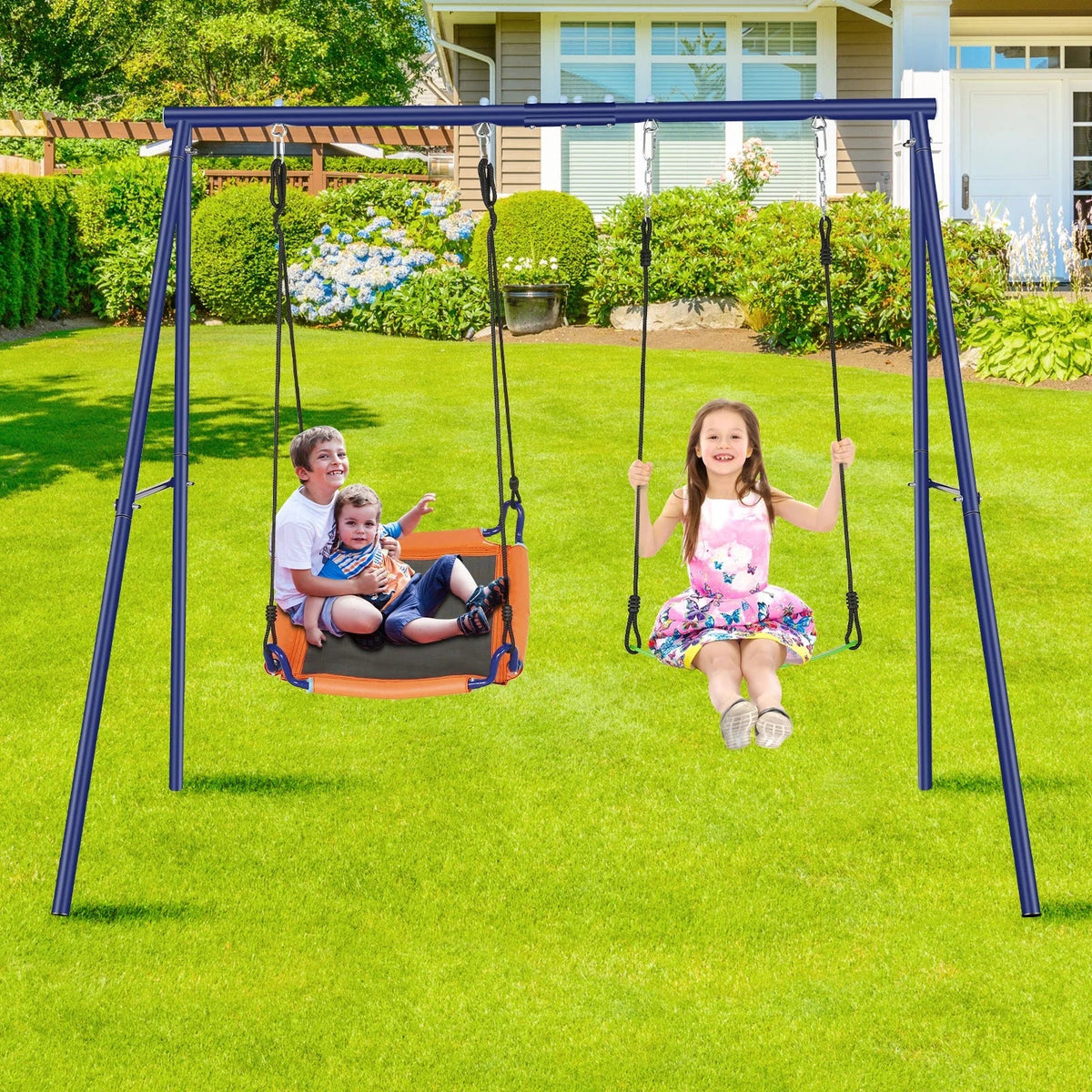 Qhomic Backyard Swing Set for Kids, 440lbs Outdoor Playground Swing Set with Heavy Duty Metal A-frame Swing Stand,2 Adjustable Swing Seats for Backyard, Park and Playground