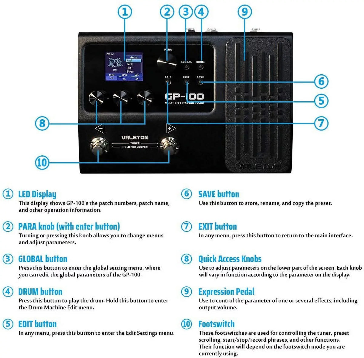 Valeton -100 Multi-Effects Processor, (with 9V power supply)