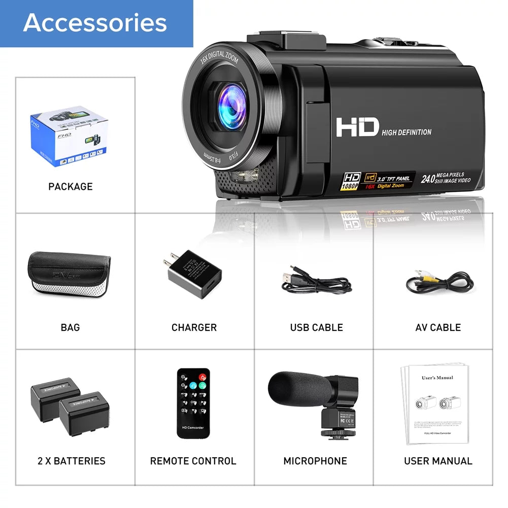 Video Camera Camcorder YouTube Vlogging Camera  1080P 30FPS 24MP 16X Digital Zoom 3"  270 Degrees Rotatable Screen Digital Camera Recorder with Microphone,Remote Control,2 Batteries