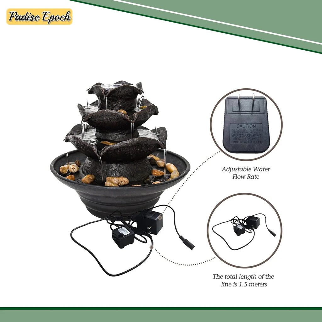3 Tier Indoor Water Fountain with  Lights Tabletop Fountain, Relaxation Tabletop Fountain, Mini Desktop Water Fountain for Living Room Bedroom (Includes Natural River Rocks)