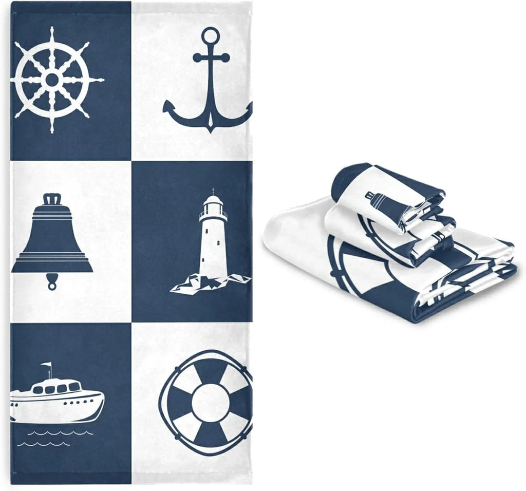 Bath Towel Sets for Bathroom Hand Towels Fingertip Towels Sailing Vessel Anchor Lighthouse Checked 3 Piece Decorative Soft Cotton Absorbent