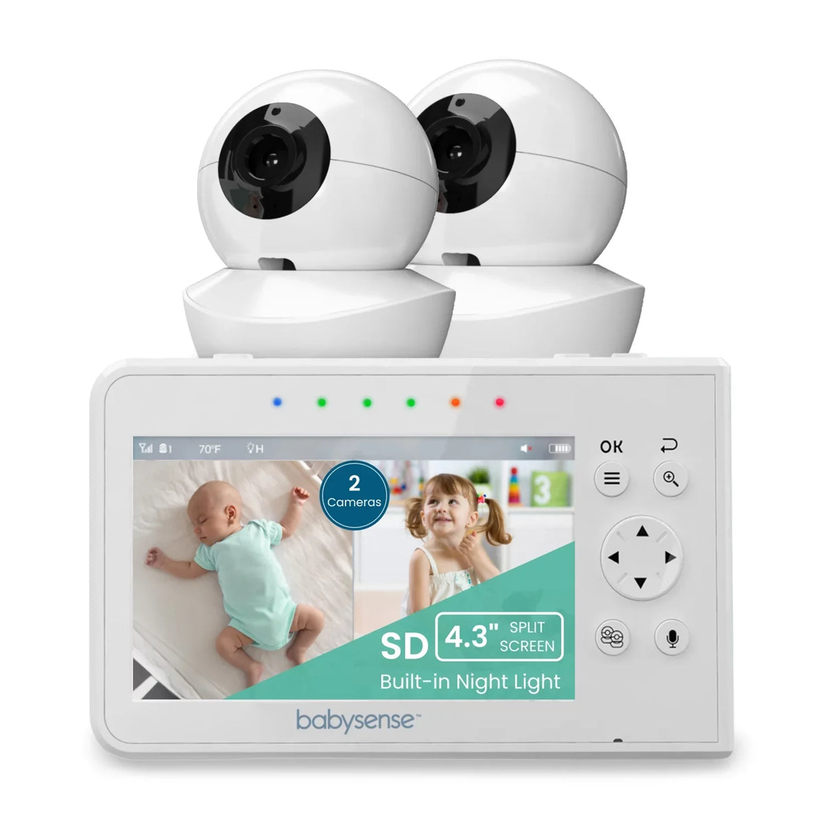 Babysense Split Screen Video Baby Monitor, 4.3" Display with 2  Cameras, Long Range, Night Light & Vision, Two-Way Talk, V43