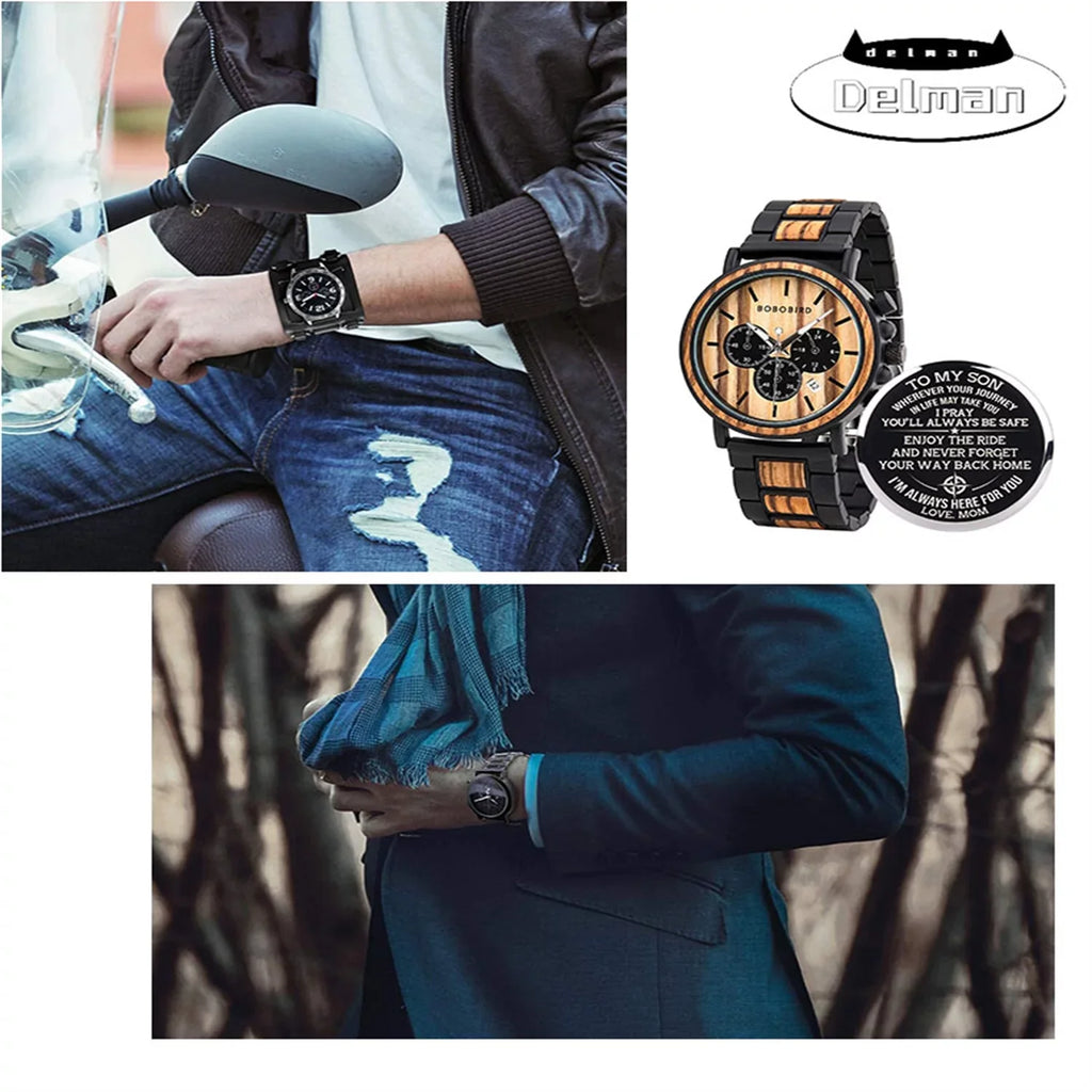 Mens Personalized Engraved Wooden Watches, Stylish Wood & Stainless Steel Combined Quartz Casual Wristwatches for Men Family Friends Customized Watch