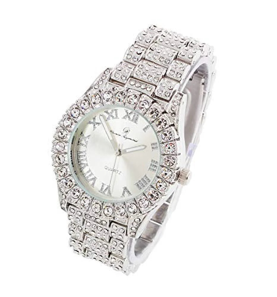 Charles Raymond Mens Silver Hip Hop Big Rocks with Roman Numerals Fully Iced Out Colorful Dial Blinged Out Wristwatch - ST10327  Single (Shiny Silver)
