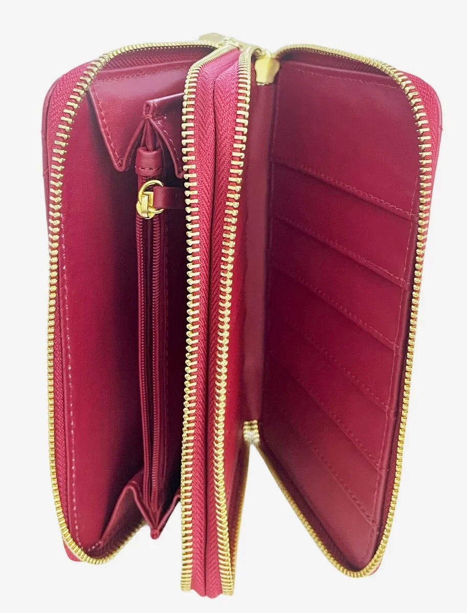 &  Leather  Quilted Wallet with 2 Wrap-Around Zippers  ~ Burgundy
