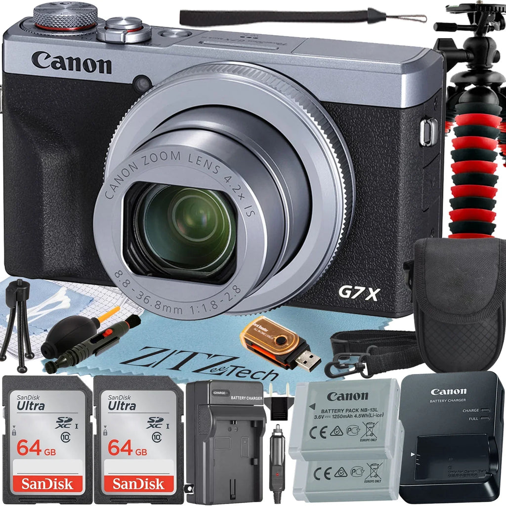 Canon PowerShot G7 X Mark  Digital Camera (Silver) with 2 Pieces SanDisk 64GB Memory Card + Case + Tripod + ZeeTech Professional Bundle