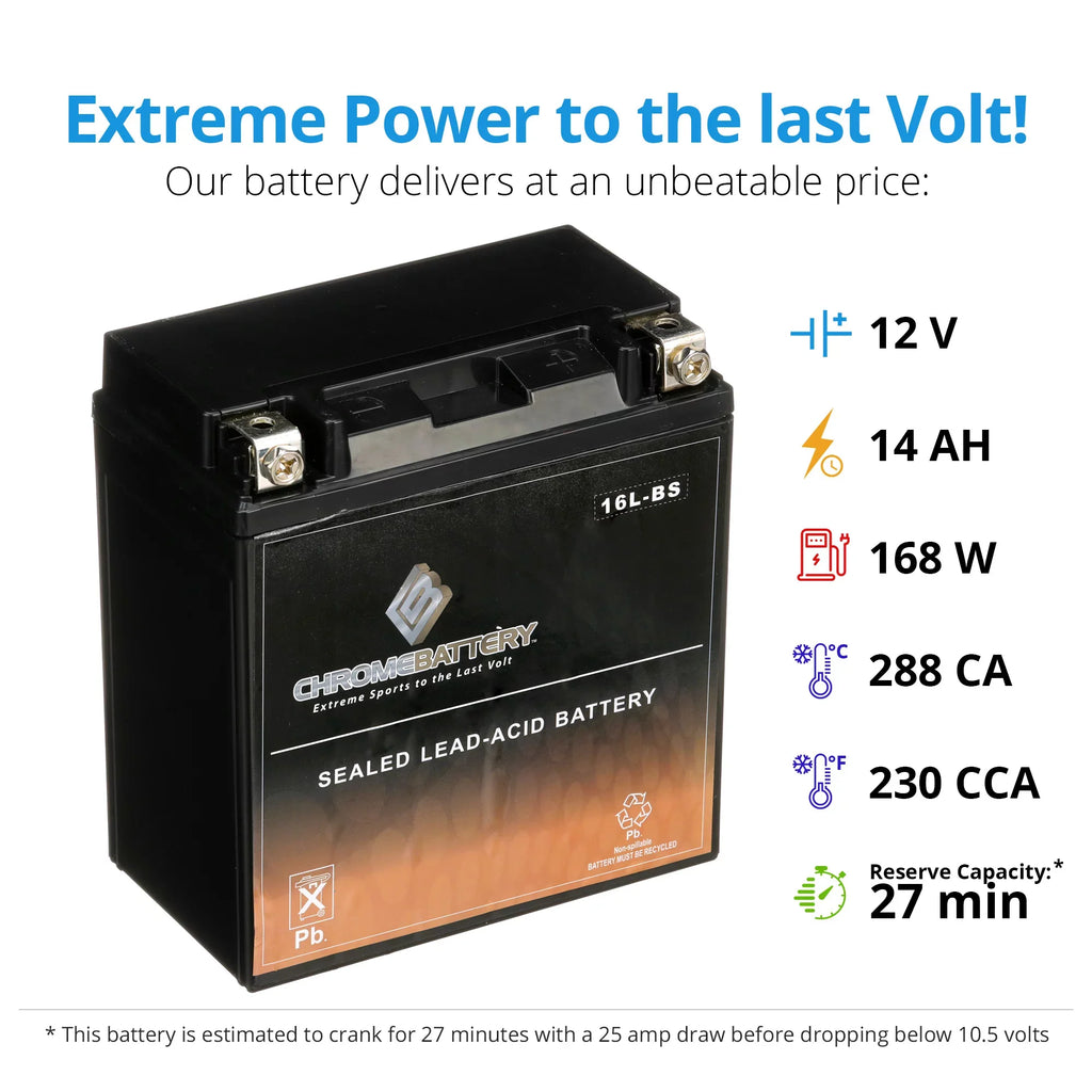 Chrome Battery YTX16L- (16L- 12 Volt,14 Ah, 230 ) Jet Ski Battery for Kawasaki 750cc Jh750 Ss St Xi Xir 1995