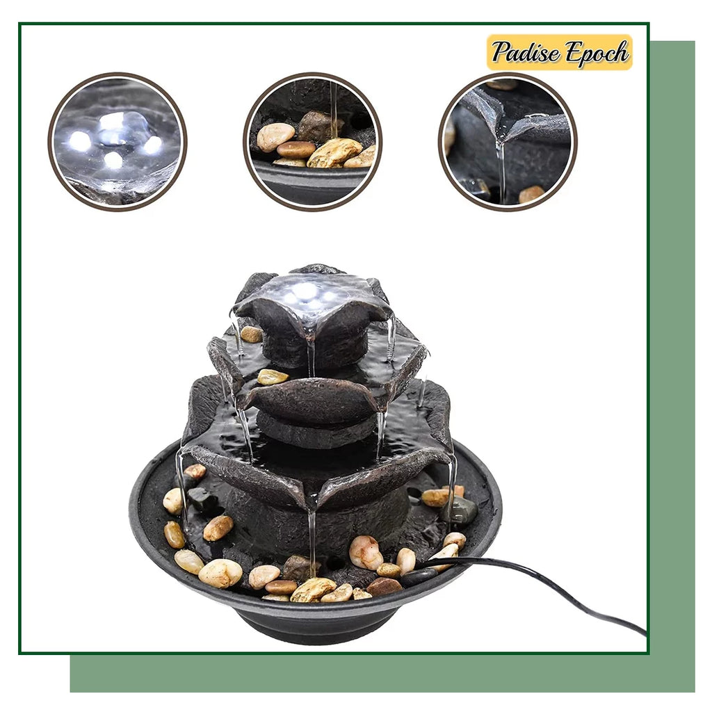 3 Tier Indoor Water Fountain with  Lights Tabletop Fountain, Relaxation Tabletop Fountain, Mini Desktop Water Fountain for Living Room Bedroom (Includes Natural River Rocks)