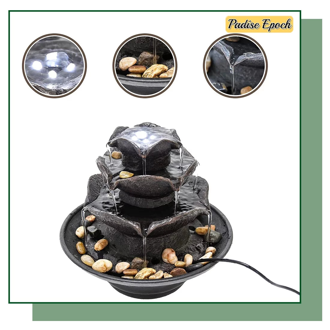 3 Tier Indoor Water Fountain with  Lights Tabletop Fountain, Relaxation Tabletop Fountain, Mini Desktop Water Fountain for Living Room Bedroom (Includes Natural River Rocks)