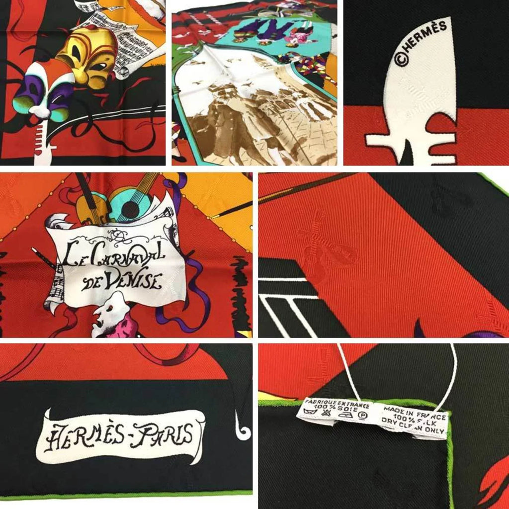Pre-Owned  Carre 90 Scarf Muffler     Venice Carnival Moss Green x Orange Hermes Silk aq7392 (Like New)