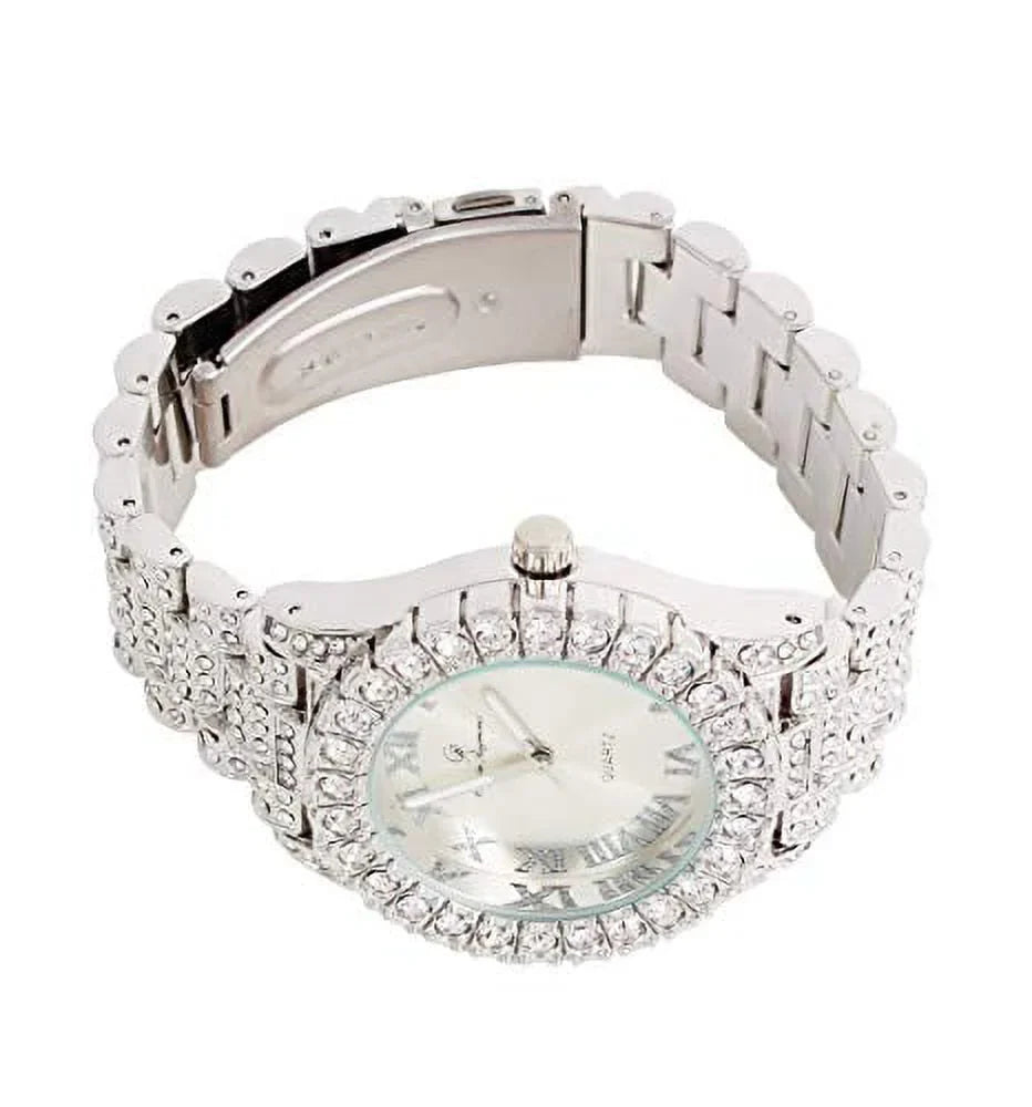 Charles Raymond Mens Silver Hip Hop Big Rocks with Roman Numerals Fully Iced Out Colorful Dial Blinged Out Wristwatch - ST10327  Single (Shiny Silver)