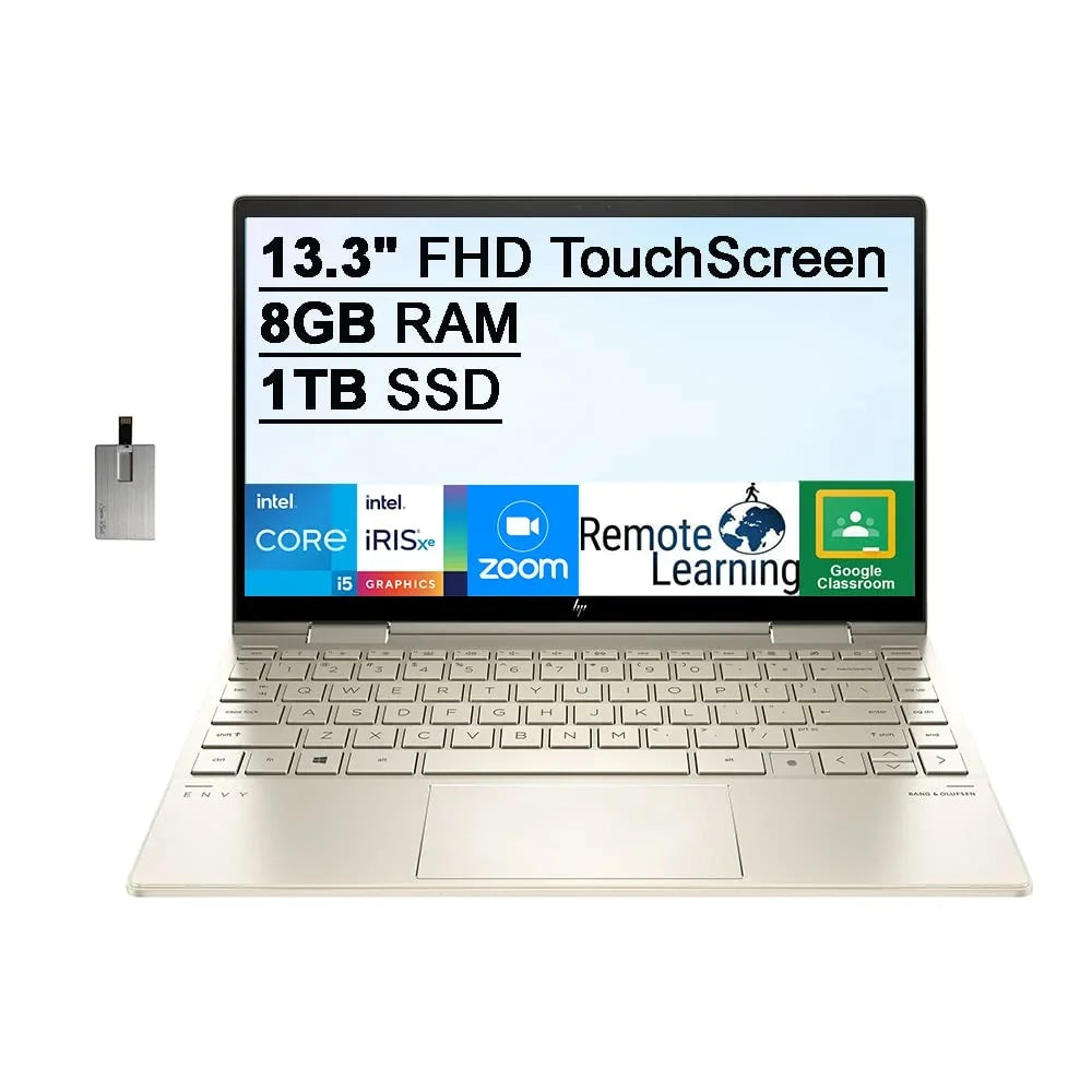 2021 Envy X360 2-in-1 13.3"  Touchscreen Laptop, Intel Core i5-1135G7 (Beats i7-1065g7), 8GB , 1TB PCIe , Backlit Keyboard, Iris Xe Graphics, Webcam, Windows 11, Gold, 32GB  Card