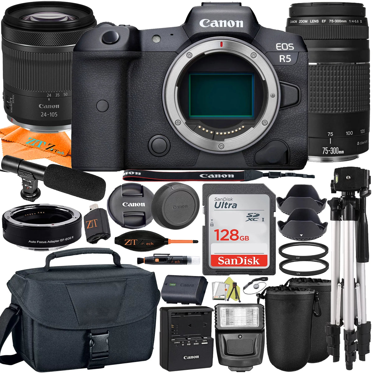 Canon  R5 Mirrorless Camera with RF24-105mm + 75-300mm Lens + Mount Adapter + SanDisk 128GB + ZeeTech Accessory