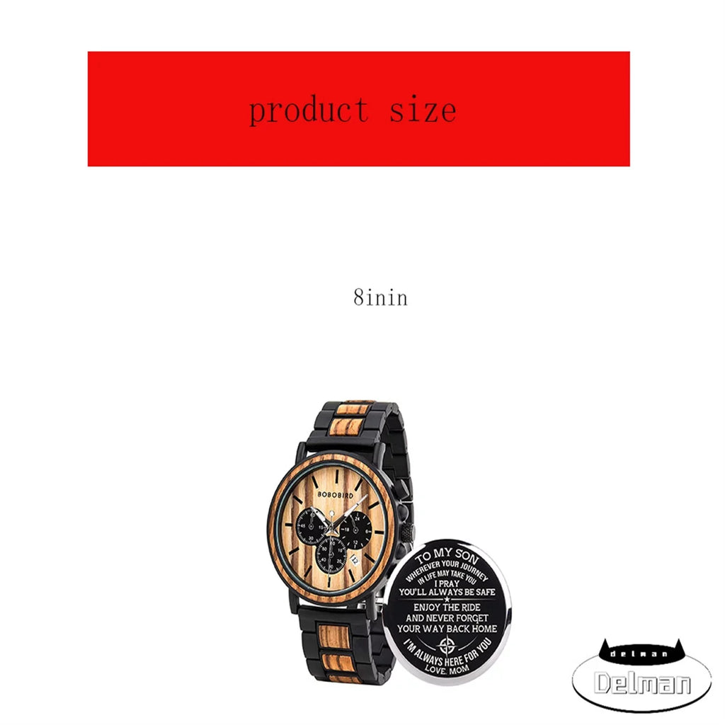 Mens Personalized Engraved Wooden Watches, Stylish Wood & Stainless Steel Combined Quartz Casual Wristwatches for Men Family Friends Customized Watch